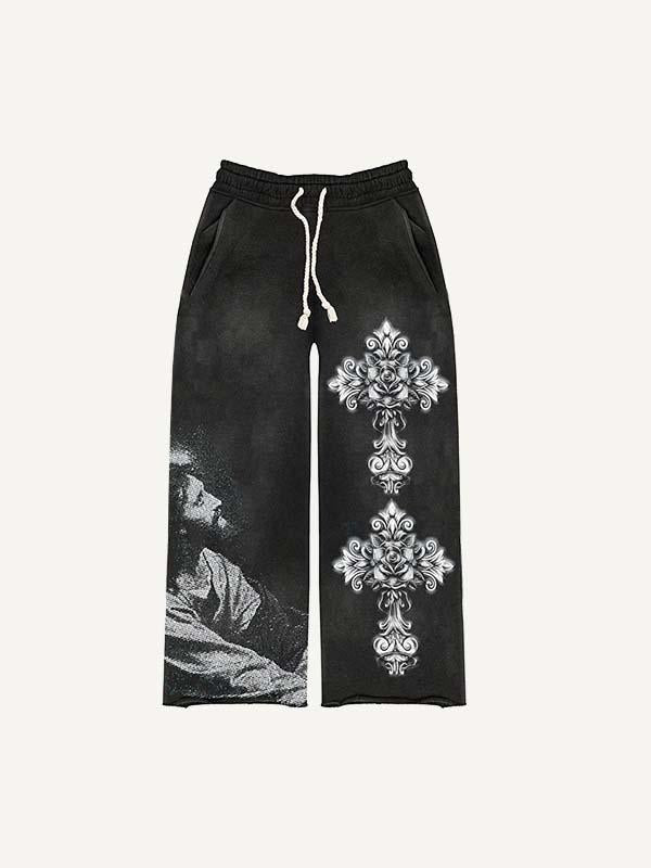 Figure&Cross&Floral Print Elastic Waist Pants