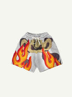 Fire&Skeleton Faux Decal Print Drawstring Waist Shorts
