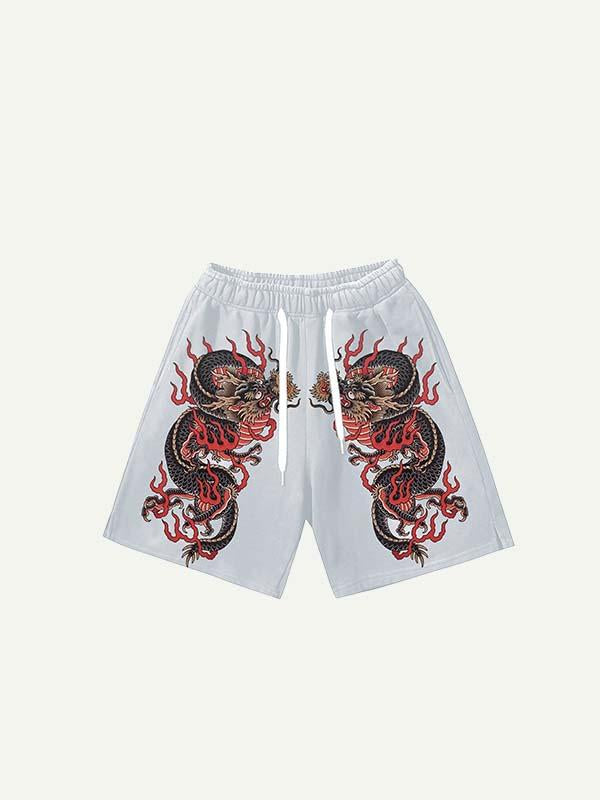 Fire Dragon Print Drawstring Waist Shorts
