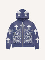 Cross&Graphic Print Zip Up Hooded Coat