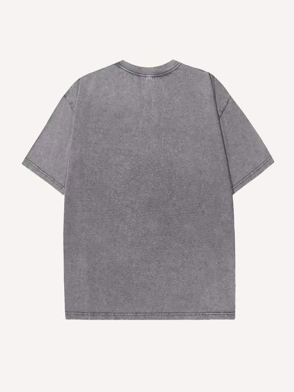 Distressed Washed Angel&Letter Print Round Neck T-shirt