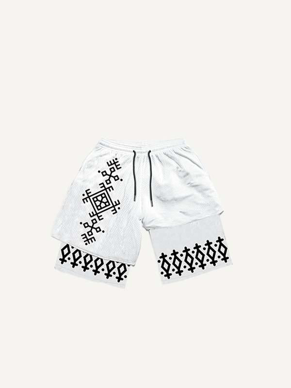 Fake Two Pieces Graphic Print Drawstring Waist Shorts