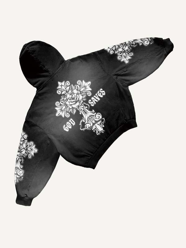 Figure&Cross&Floral Print Slant Pockets Hoodie