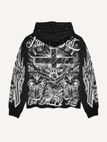 Fire Cross&Letter Print Zip Up Hooded Coat