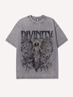 Distressed Washed Angel&Letter Print Round Neck T-shirt