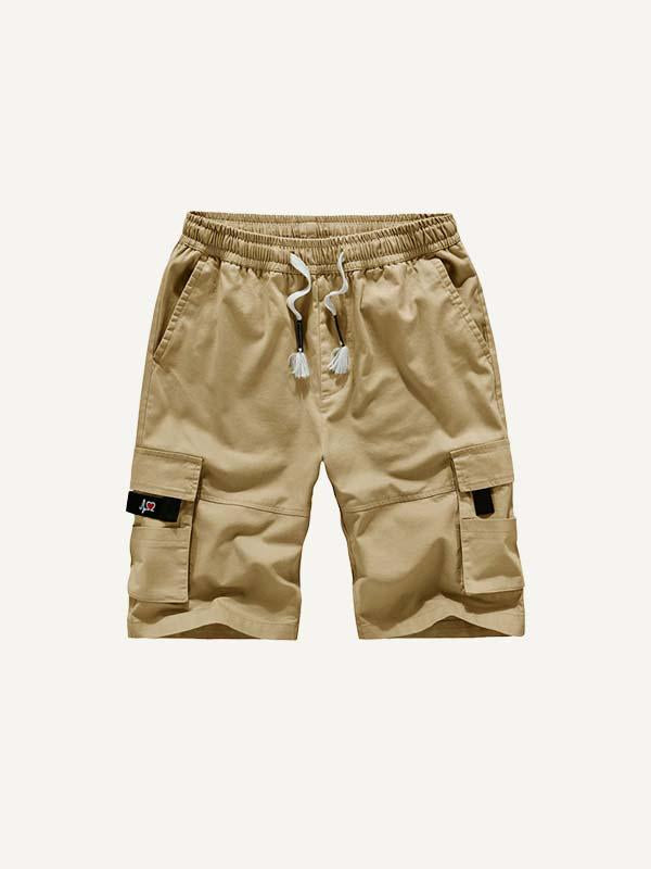 Solid Color Flap Pocket Side Drawstring Waist Cargo Shorts