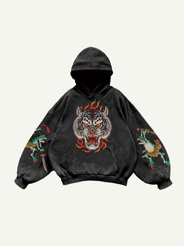 Fire Tiger&Frog Print Slant Pockets Hoodie