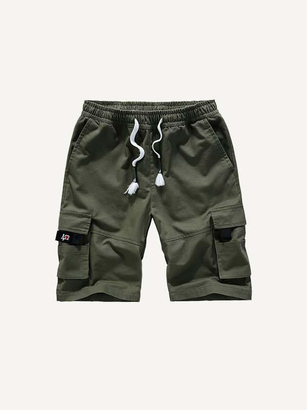 Solid Color Flap Pocket Side Drawstring Waist Cargo Shorts