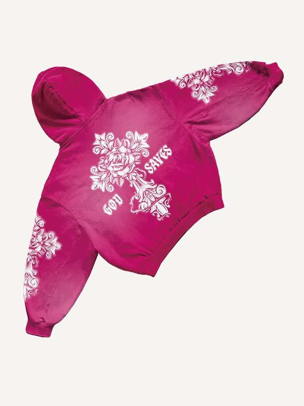 Figure&Cross&Floral Print Slant Pockets Hoodie