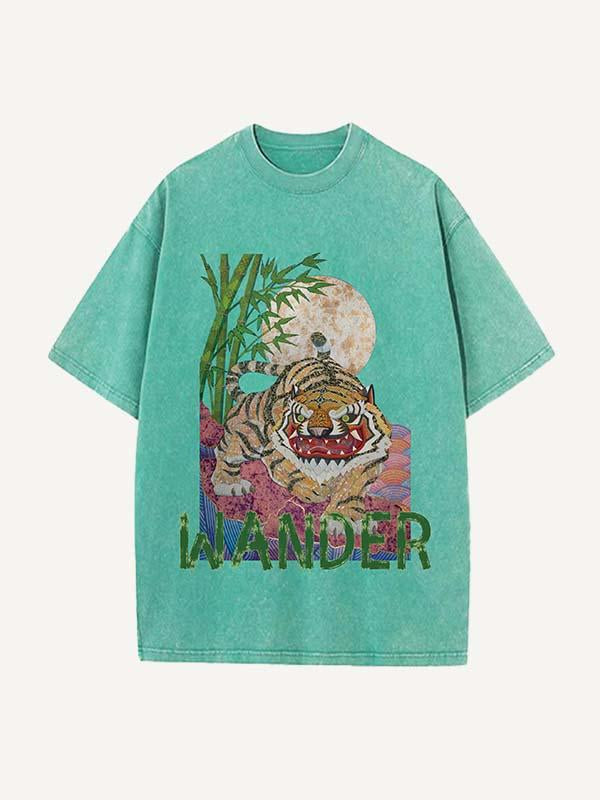 Distressed Washed Tiger&Letter Print Round Neck T-shirt