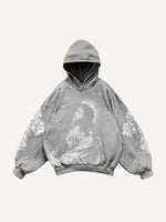 Figure&Cross&Floral Print Slant Pockets Hoodie
