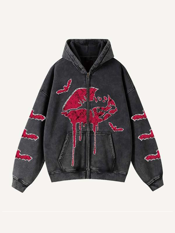 Lips&Letter Print Zip Up Slant Pockets Hooded Coat