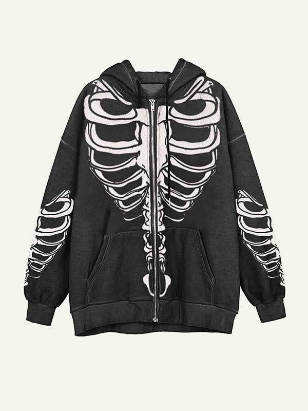Skeleton Print Zip Up Slant Pockets Hooded Coat