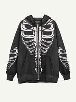 Skeleton Print Zip Up Slant Pockets Hooded Coat