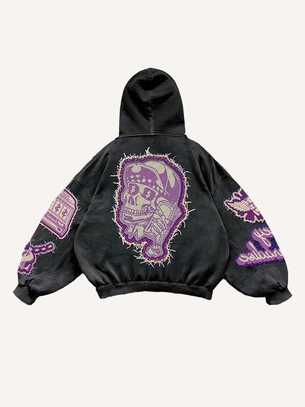 Skull&Letter&Fire&Money&Palm Faux Decal Print Slant Pockets Hoodie
