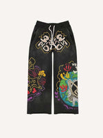 Skeleton&Letter Graffiti Print Elastic Waist Pants