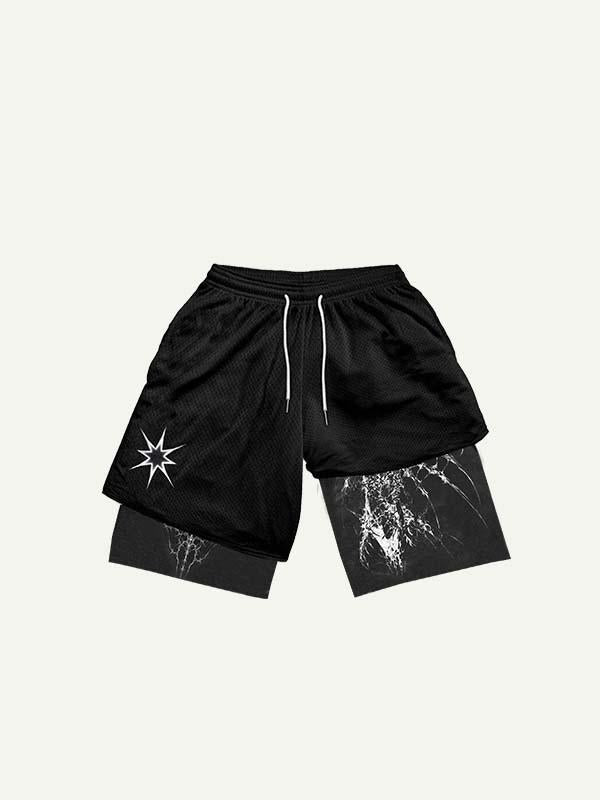 Fake Two Pieces Figure&Wing Graphic Print Drawstring Waist Shorts
