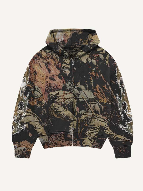 Soldier&Letter&Graphic All Over Print Zip Up Hooded Coat