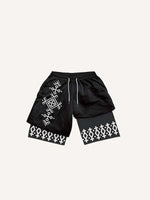 Fake Two Pieces Graphic Print Drawstring Waist Shorts