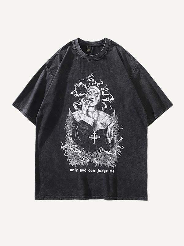Distressed Washed Nun&Letter Graphic Print Round Neck T-shirt