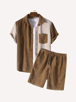 Colorblock Textured Patch Pocket Drawstring Waist Two-Piece Set