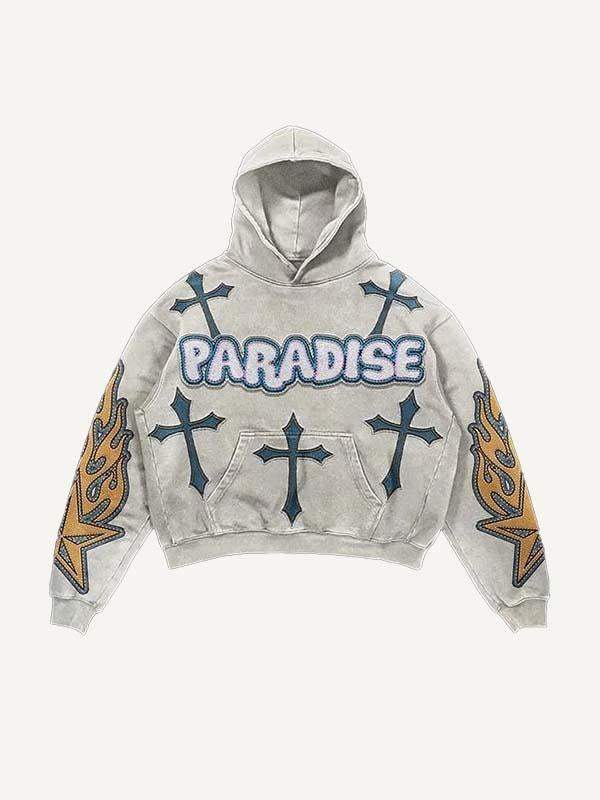 Cross&Letter&Star&Fire Faux Decal Print Slant Pockets Hoodie