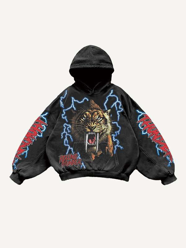 Lightning&Tiger&Letter Print Slant Pockets Hoodie