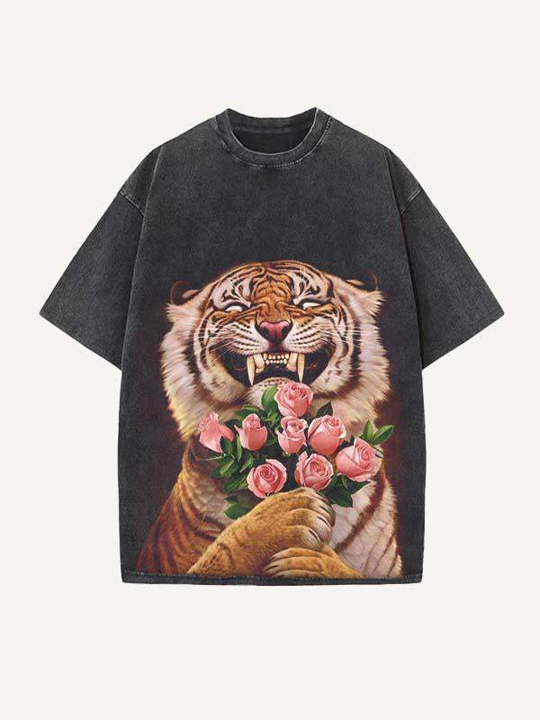 Distressed Washed Tiger&Floral Print Round Neck T-shirt