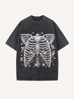 Distressed Washed Cupid&Skeleton&Letter&Heart Print Round Neck T-shirt