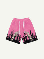 Skeleton Palm&Fire Faux Decal Print Drawstring Waist Shorts