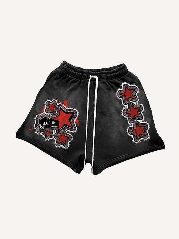 Letter&Star&Eye Faux Decal Print Drawstring Waist Shorts