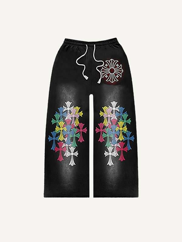 Color Cross Print Elastic Waist Pants