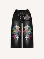 Color Cross Print Elastic Waist Pants
