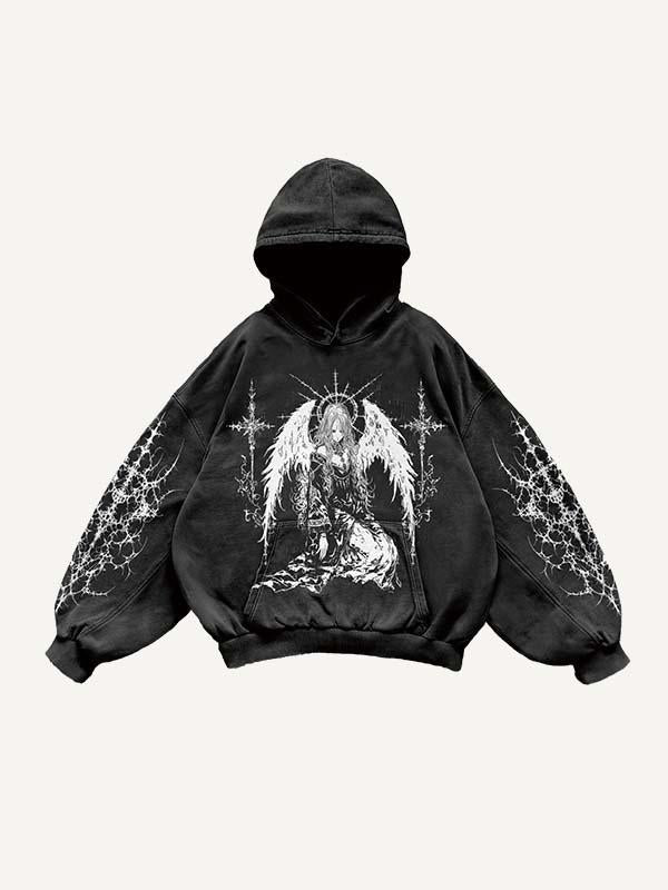 Figure&Wing&Cross Print Slant Pockets Hoodie