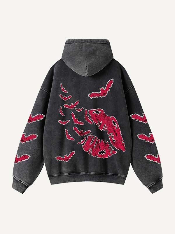 Lips&Letter Print Zip Up Slant Pockets Hooded Coat