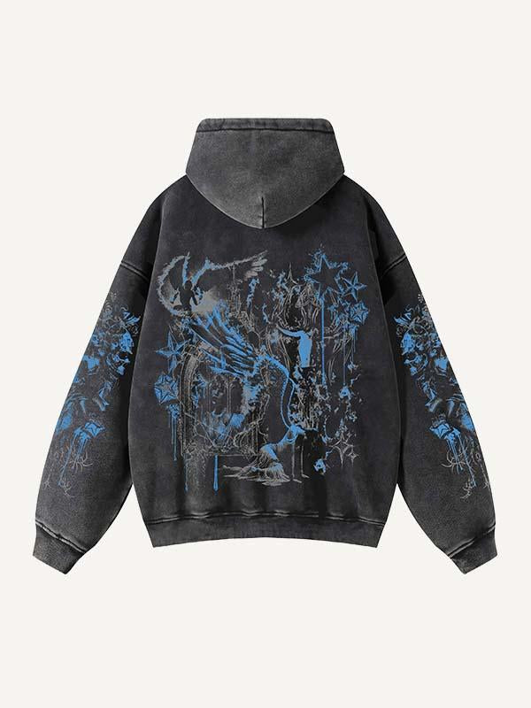 Star&Wing&Figure Print Zip Up Hooded Coat