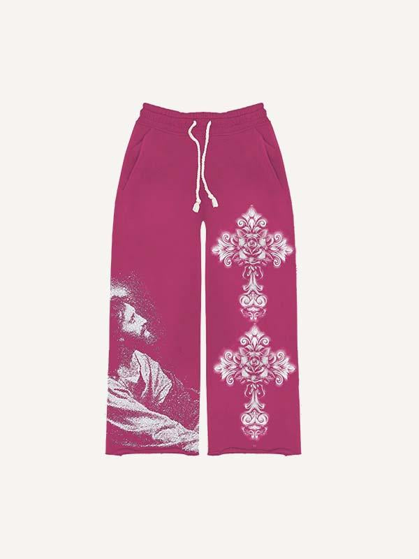 Figure&Cross&Floral Print Elastic Waist Pants
