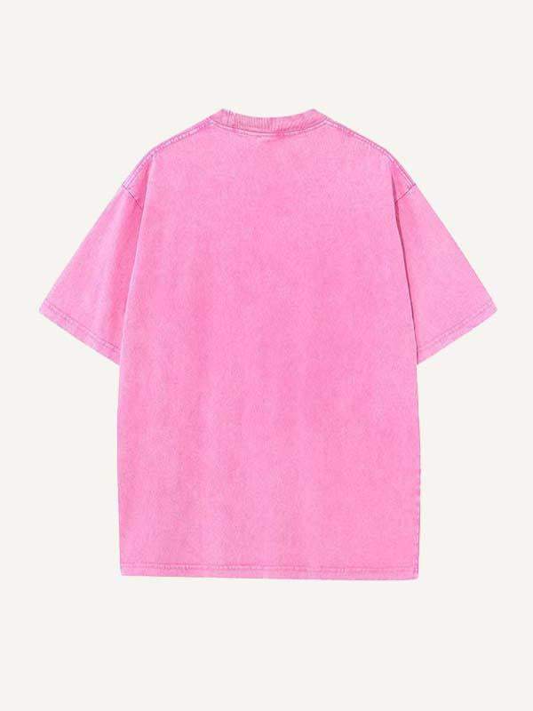 Distressed Washed Angel&Letter Print Round Neck T-shirt