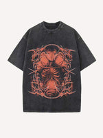 Distressed Washed Figure&Skeleton Graphic Print Round Neck T-shirt