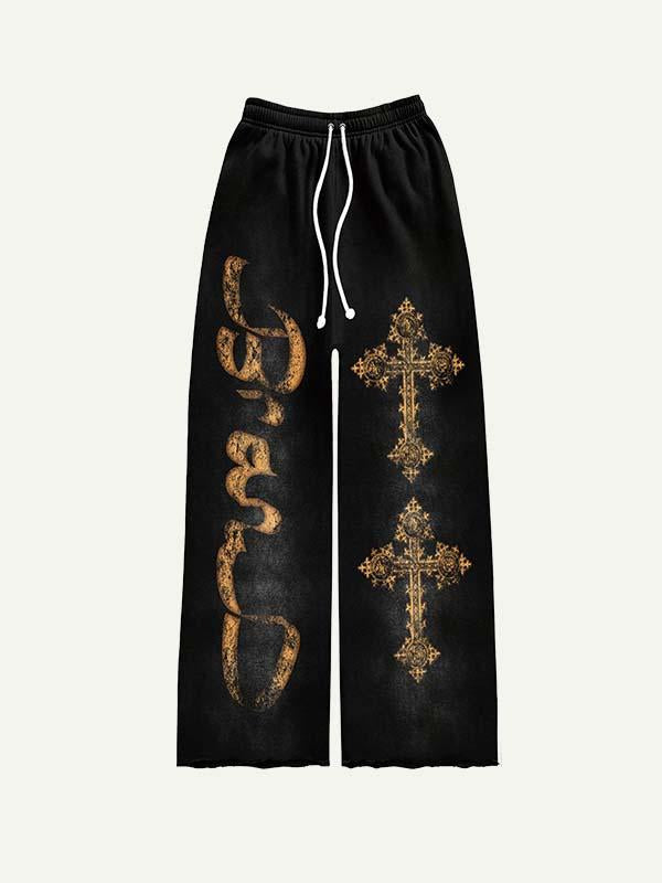Cross&Letter Print Elastic Waist Pants