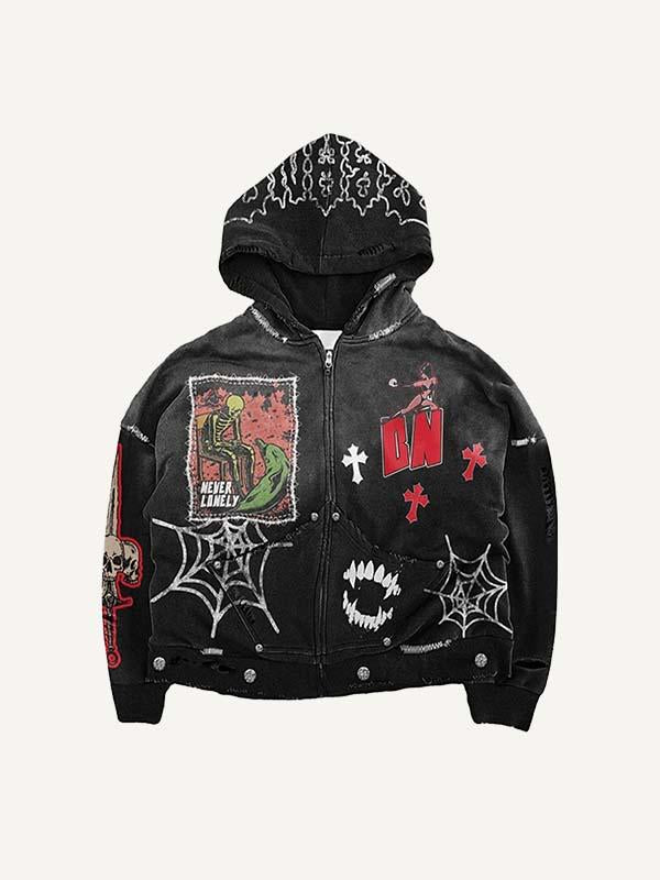 Skeleton&Sword&Vampire Fangs&Cross&Spider Web Faux Decal Print Zip Up Hooded Coat