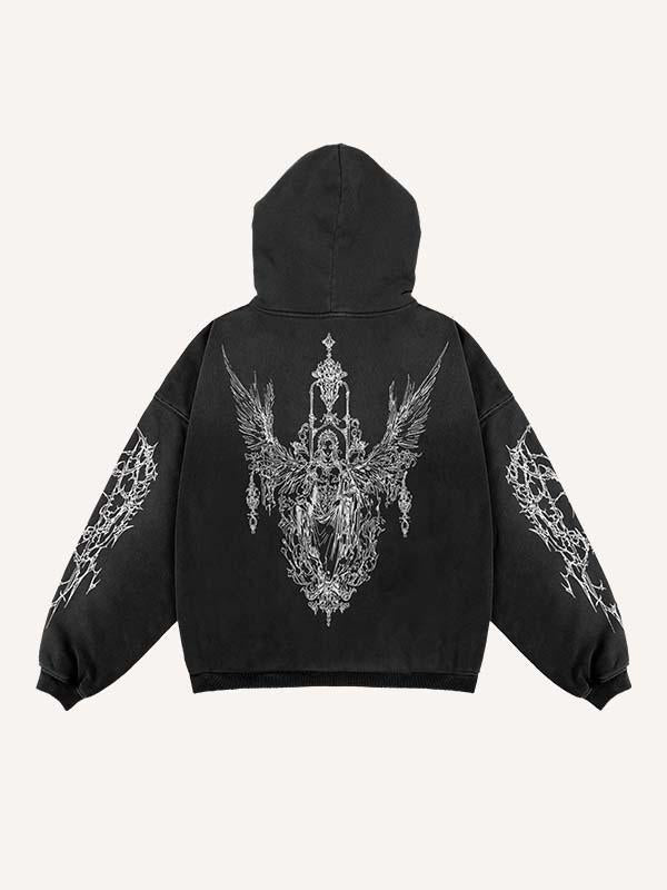 Figure&Wing&Graphic Print Zip Up Hooded Coat