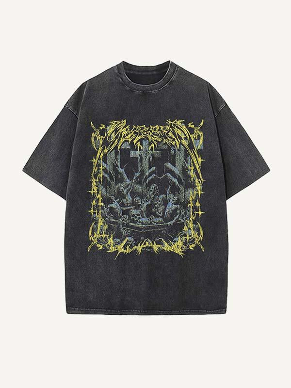 Distressed Washed Cross&Skeleton Print Round Neck T-shirt