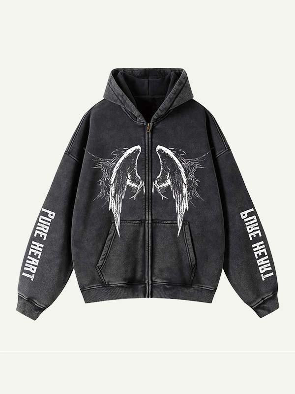 Skull&Figure&Wing&Letter Zip Up Slant Pockets Hooded Coat