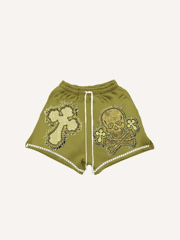 Cross&Skull Faux Decal Print Drawstring Waist Shorts