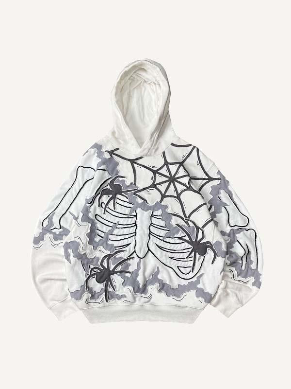 Skeleton&Spider&Web Faux Decal Print Slant Pockets Hoodie