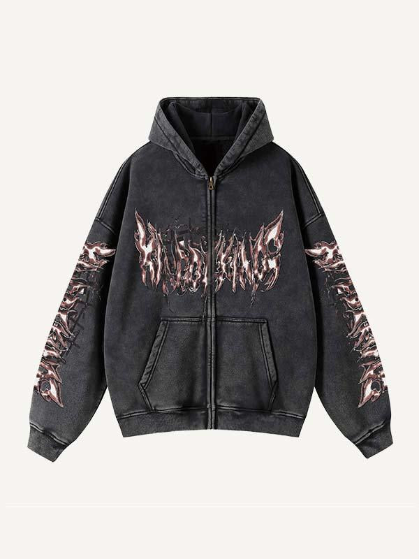 Skeleton&Wing&Letter Print Zip Up Slant Pockets Hooded Coat