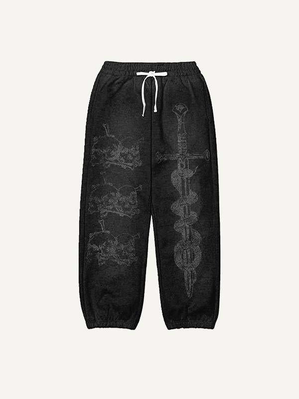 Sword&Snake&Letter&Skull Print Elastic Waist Pants