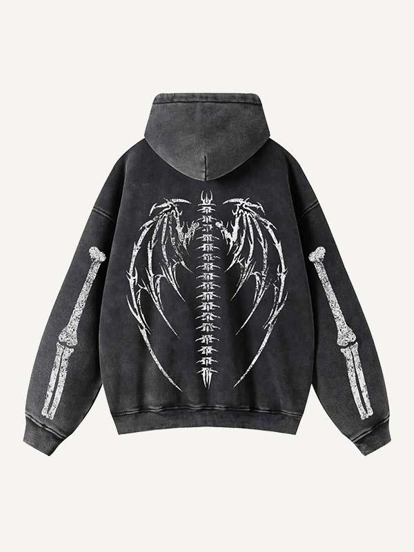 Skeleton&Heart&Wing Print Zip Up Slant Pockets Hooded Coat