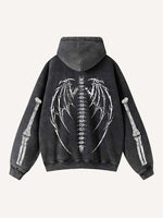 Skeleton&Heart&Wing Print Zip Up Slant Pockets Hooded Coat